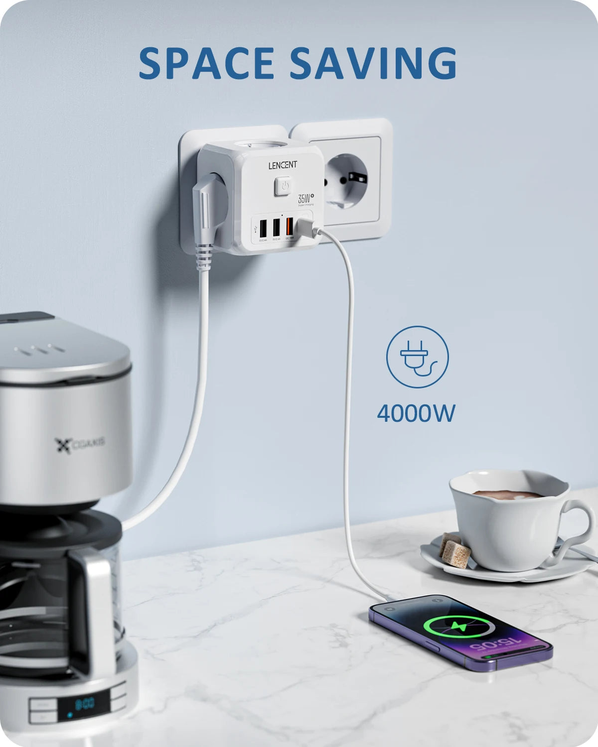 Wall-mounted power adapter with multiple outlets and USB ports, connected to a coffee maker and phone on a marble surface.