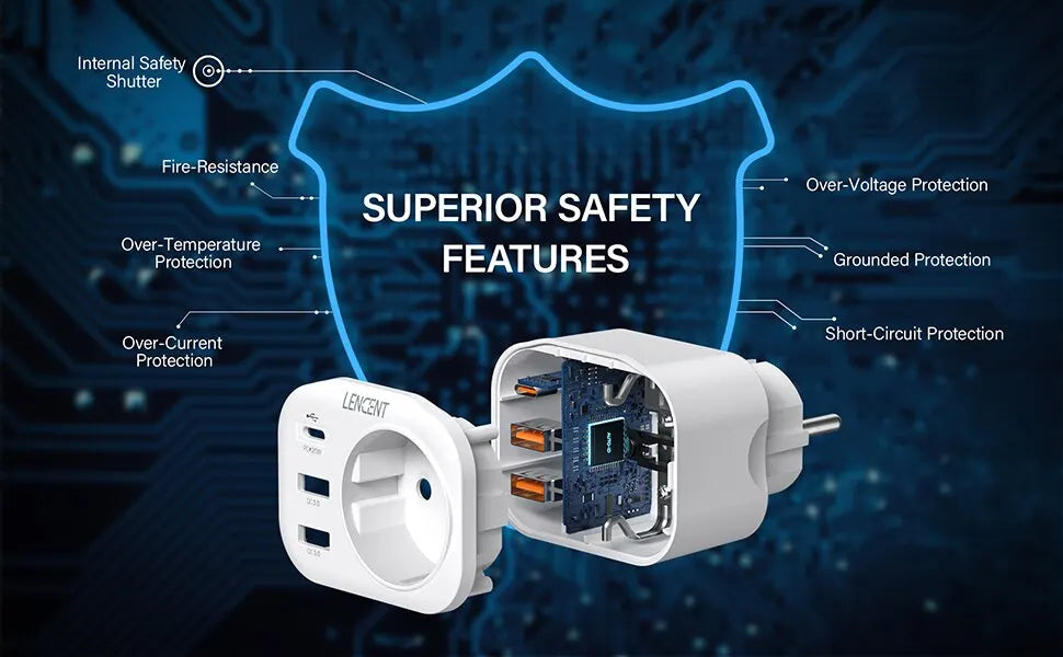 LENCENT EU Plug Wall Socket Extender with 1 AC Outlet 2 USB QC3.0 and 1 Type C PD 20W Multi Socket Fast Charger for Home Travel