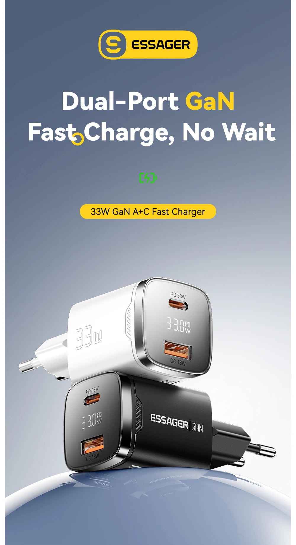 Essager 33W GaN USB Type C Charger Digital Display PD Fast Charging For  iPhone 16 15 14 Pro Max iPad Mini 6 Xiaomi Samsung S22