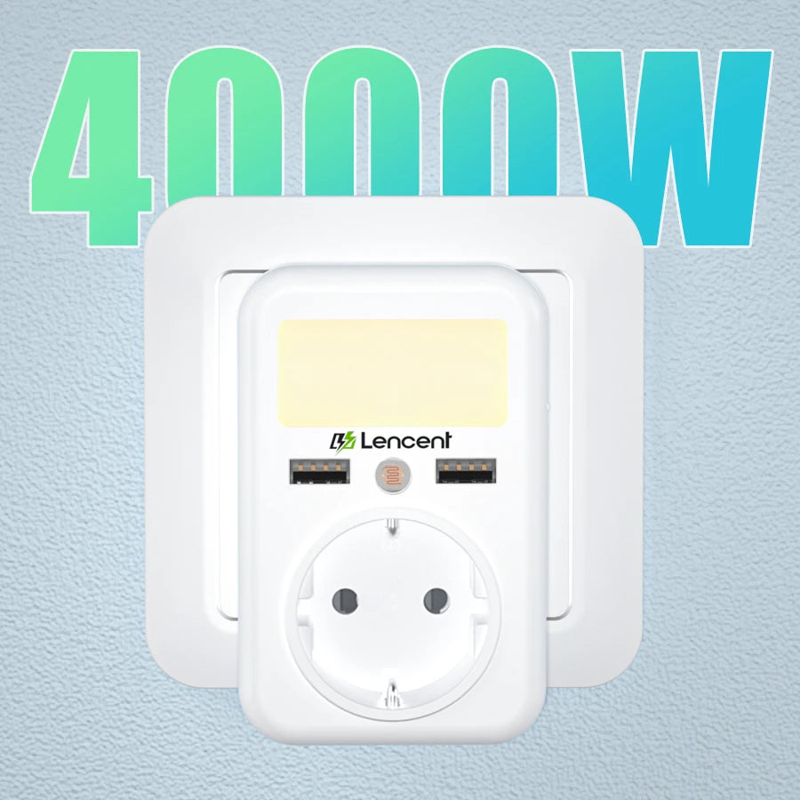 LENCENT EU Plug Wall Socket with 1 AC Outlet 2USB Ports Wall Charger Adapter with Rack Adjustable Nigh Light for Home/Office