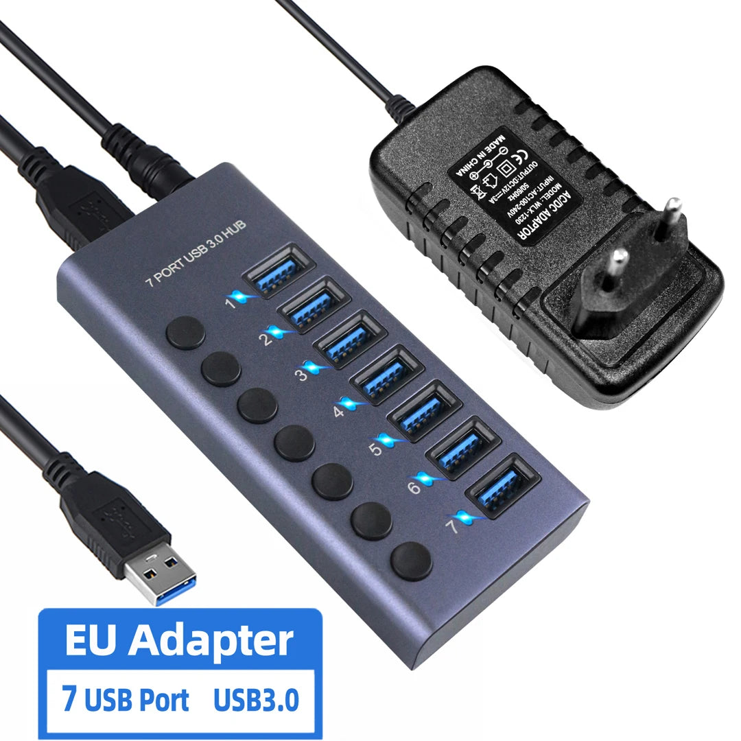4-AIXXCO 10 Ports USB3.0 Splitter Computer Extender USB HUB 2.4A Fast Charging PD Port External 12V Power Supply