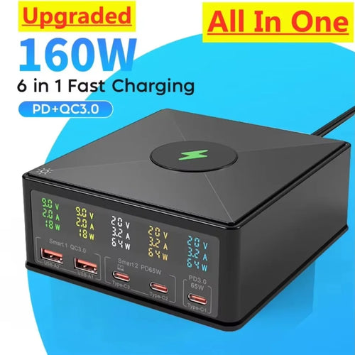 1-160W USB C GaN Charger Wireless Charger PPS PD 65W 100W Desktop Fast Charging Station Power for MacBook Tablet iPhone 16 Samsung
