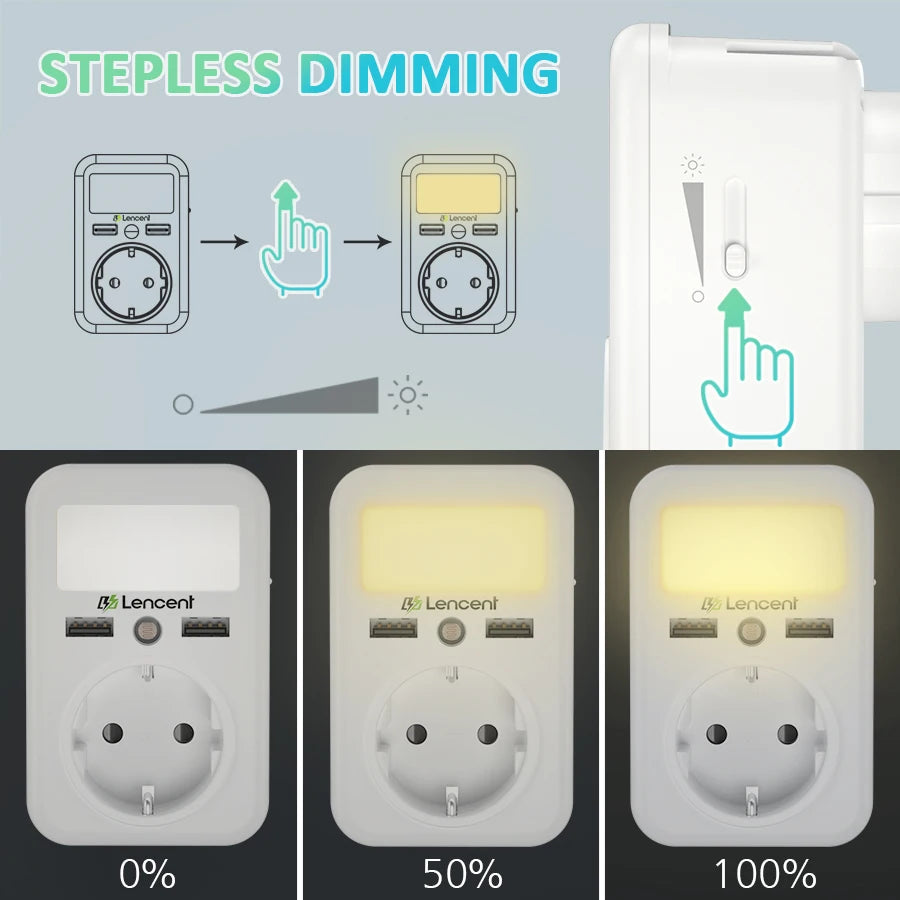 LENCENT EU Plug Wall Socket with 1 AC Outlet 2USB Ports Wall Charger Adapter with Rack Adjustable Nigh Light for Home/Office