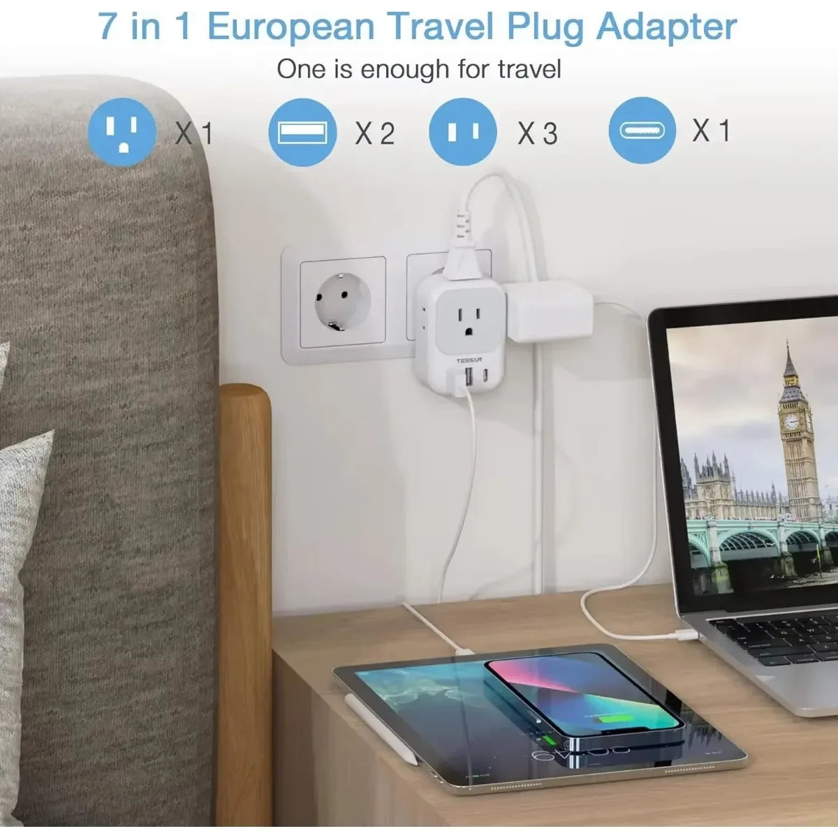 TESSAN US Plug Power Strip with 4AC Outlet and 3USB Charging Port Multi-Contacts Electrical Socket with Surge Protector for Home