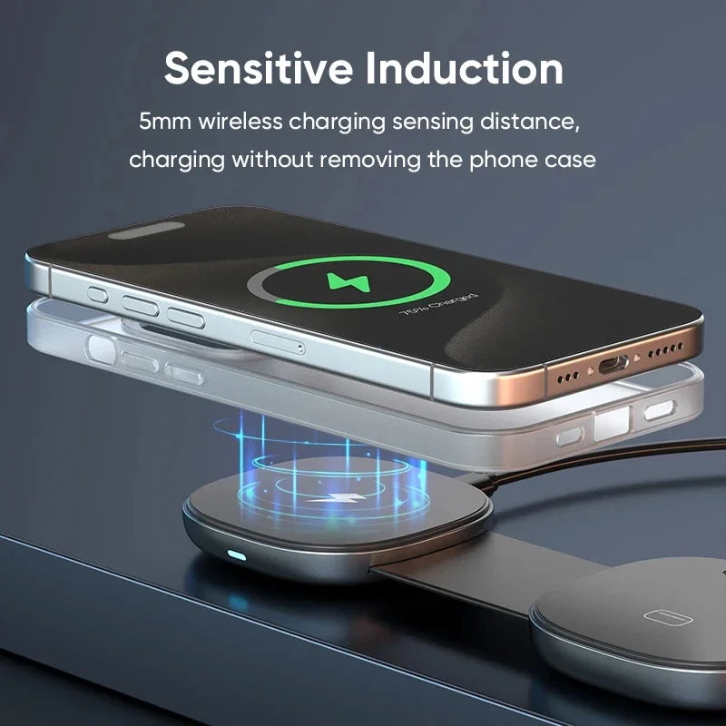 Mini Travel Charger Wireless Charging 3 in 1 Portable Foldable Fast Charger Dock for IPhone 16 15 14 AirPods Apple Watch