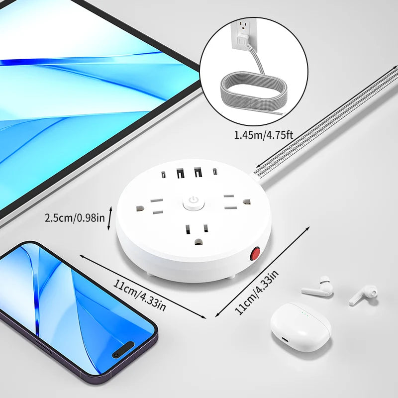 1-1 round desktop power socket with flat braided wire of 1.45m /4.75ft, 7-in-1 multifunctional design, including anti-surge and an