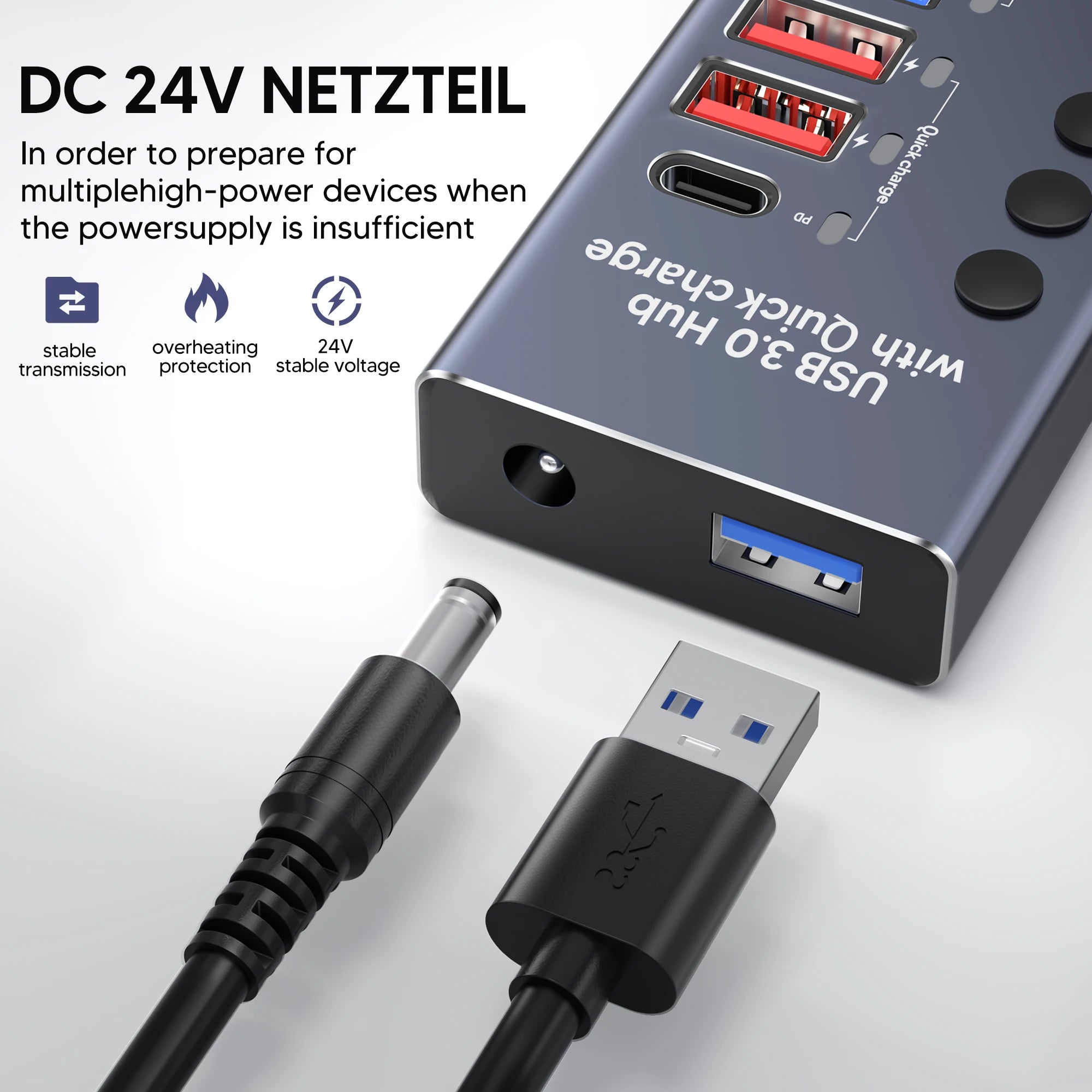 4-AIXXCO 10 Ports USB3.0 Splitter Computer Extender USB HUB 2.4A Fast Charging PD Port External 12V Power Supply