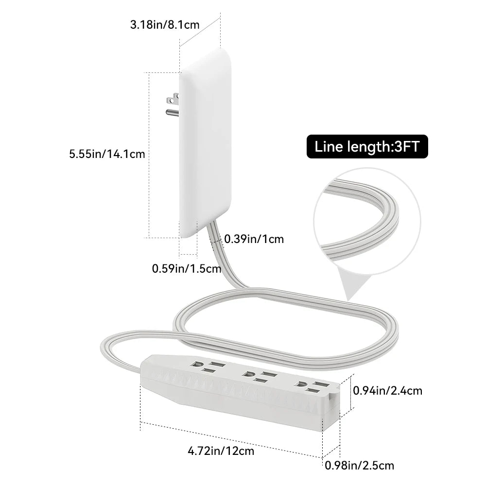 1-Flat-Face Outlet Extender with 3 Receptacles, Ultra-Thin Wall Plate Plug with Cord Extender and 3-Outlet Power Strip