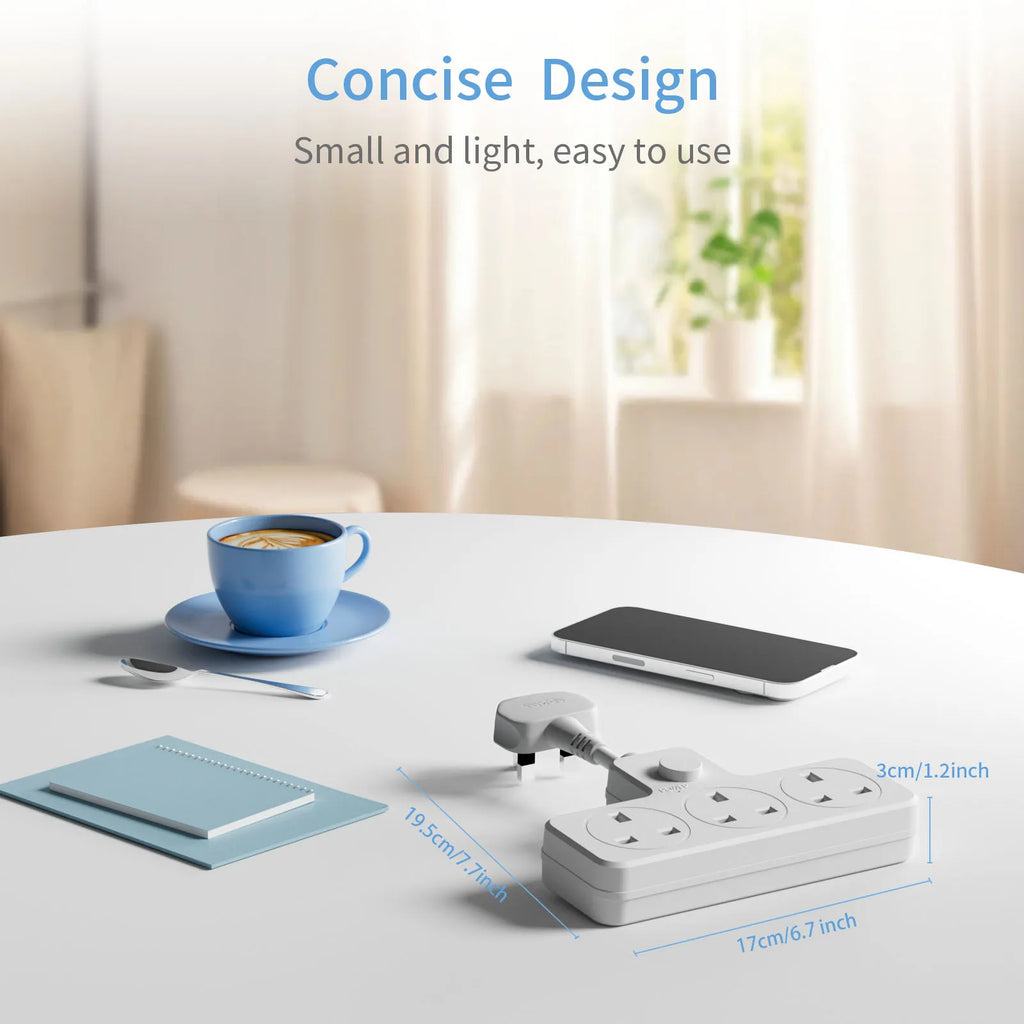 Small electronic device on a table with a cup of coffee, text 'Concise Design' and 'Small and light, easy to use'.