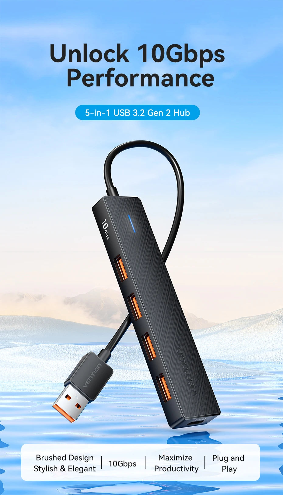 Vention New USB 3.2 Gen2 HUB 5 Ports Splitter 10Gbps USB A Type C HUB Multiport Adapter Laptop Expansion Desktop PC Accessories