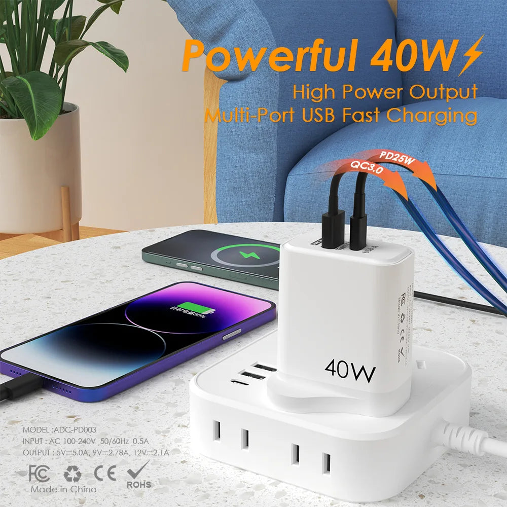 4-Total 40W 1 USB Charger 1 Type C PD Fast Charge For iPhone 12 13 Max Samsung S21 Huawei Xiaomi Mobile Phone EU/US/UK Plug Wall C