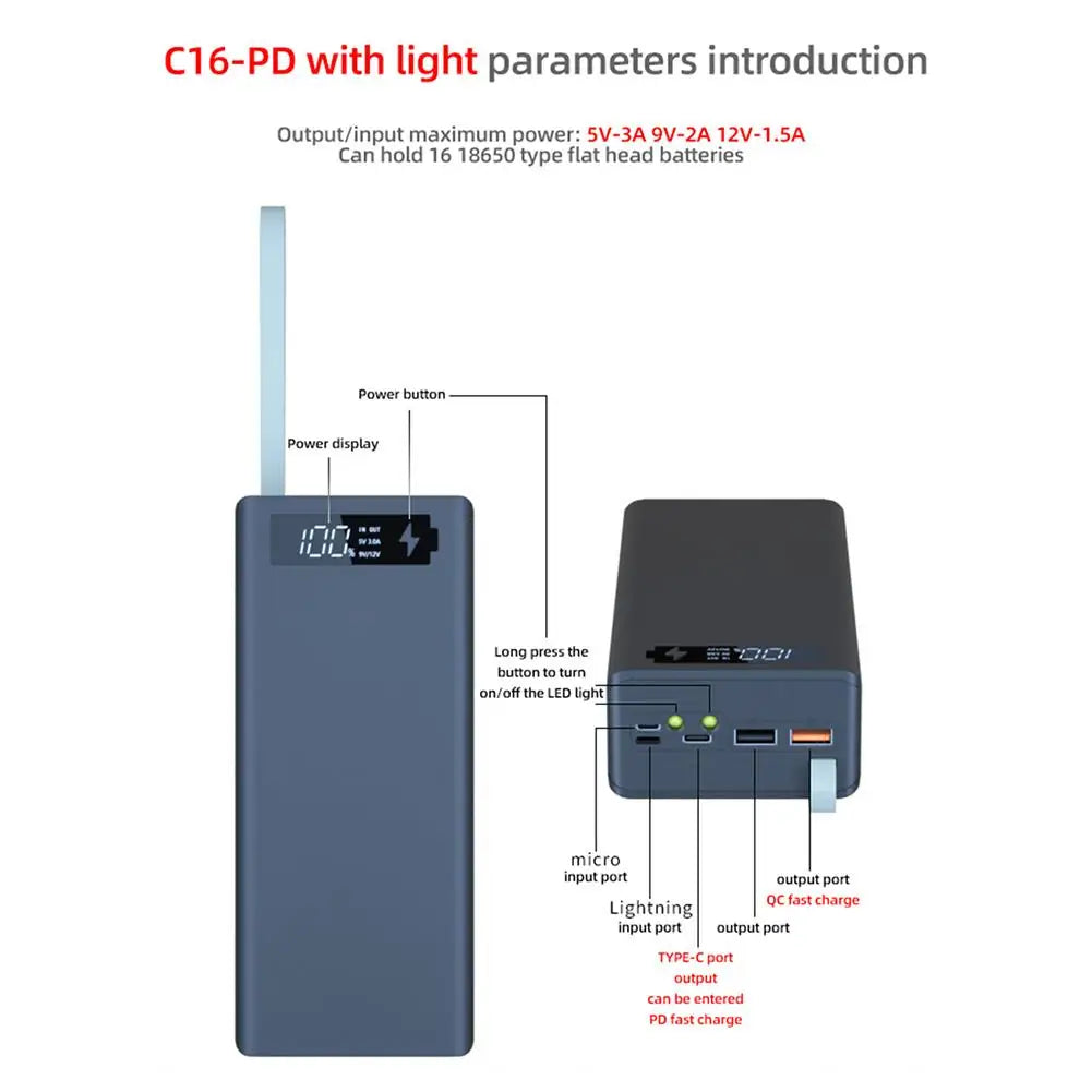 16*18650 Battery Holder Storage Box Power Bank Case DIY 18650 Kit Phone Powerbank Battery Charger Mobile DIY Shell Box I6P6
