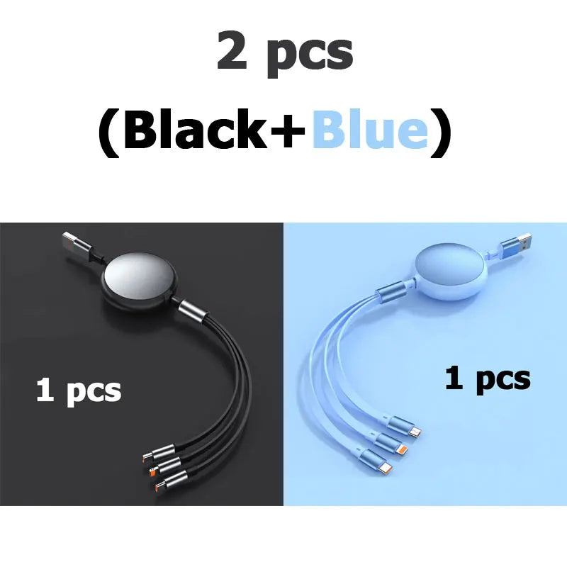 1-3-in-1 Retractable 100W 6A Fast Charging USB To Type-C Micro Fast Charger Cable For iPhone Samsung Xiaomi Huawei 1.2M Cables