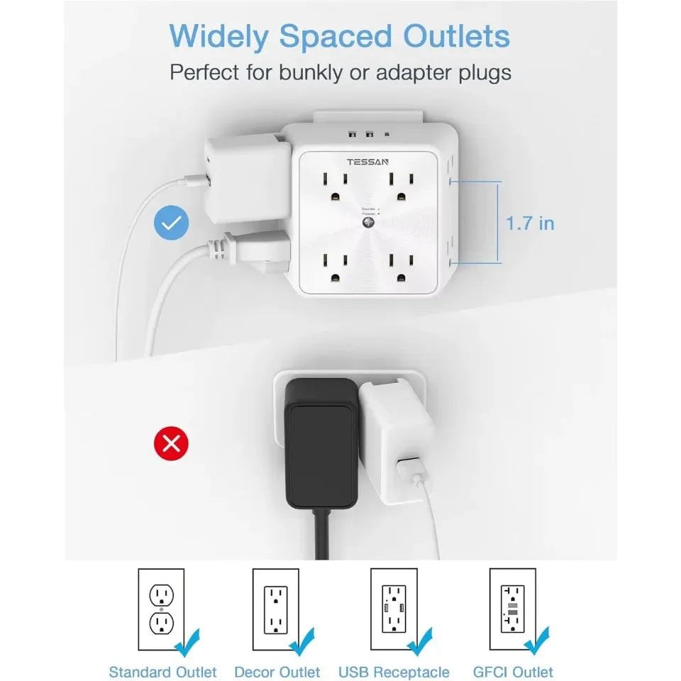 1-TESSAN Surge Protector Wall Strip with 8 AC Outlets 2 USB A and 1 USB C Surge Protector Multi Outlet Extender for Home Office