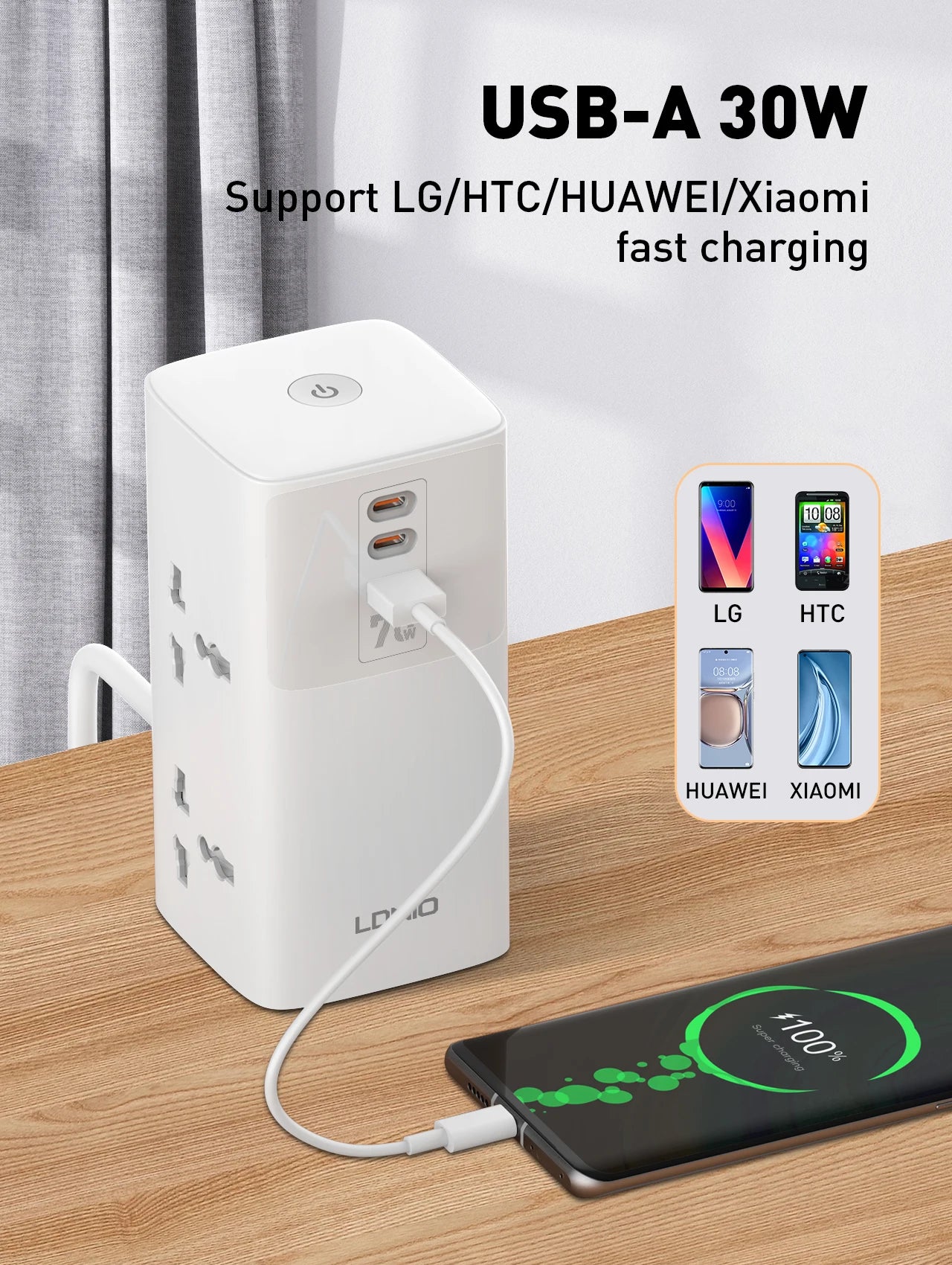 1-Tower 4 Way Outlets Socket 70W USB Multi Power Strip Vertical 2m Extension Power Cord UK EU US AU Plug with Overload Protector