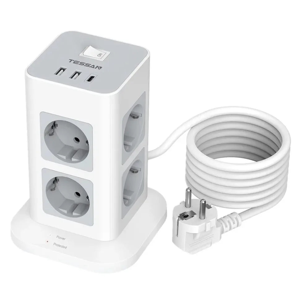 1-TESSAN Tower Power Strip Multi Outlets with USB A +1 Type C 2M Extension Cable EU Plug Vertical Electric Socket Surge Protection