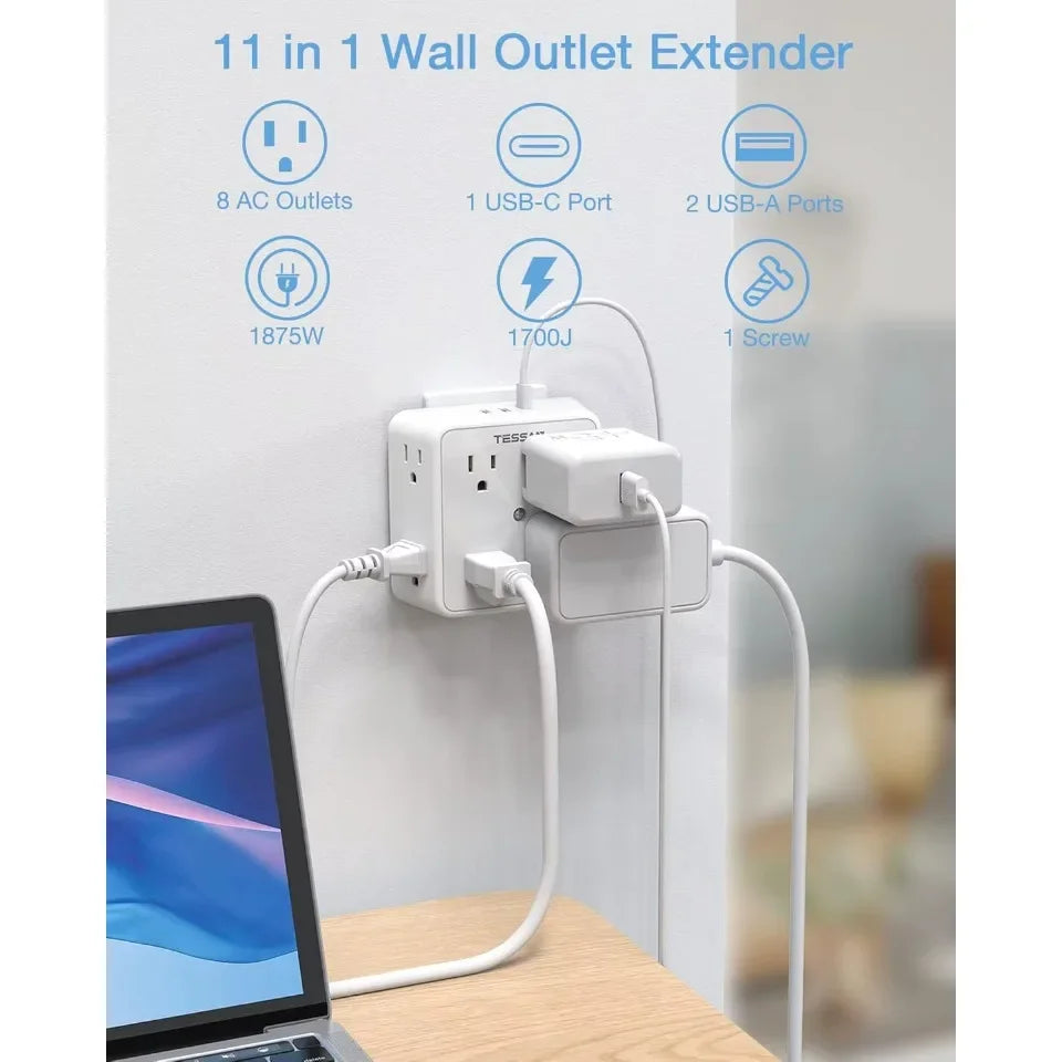 1-TESSAN Surge Protector Wall Strip with 8 AC Outlets 2 USB A and 1 USB C Surge Protector Multi Outlet Extender for Home Office