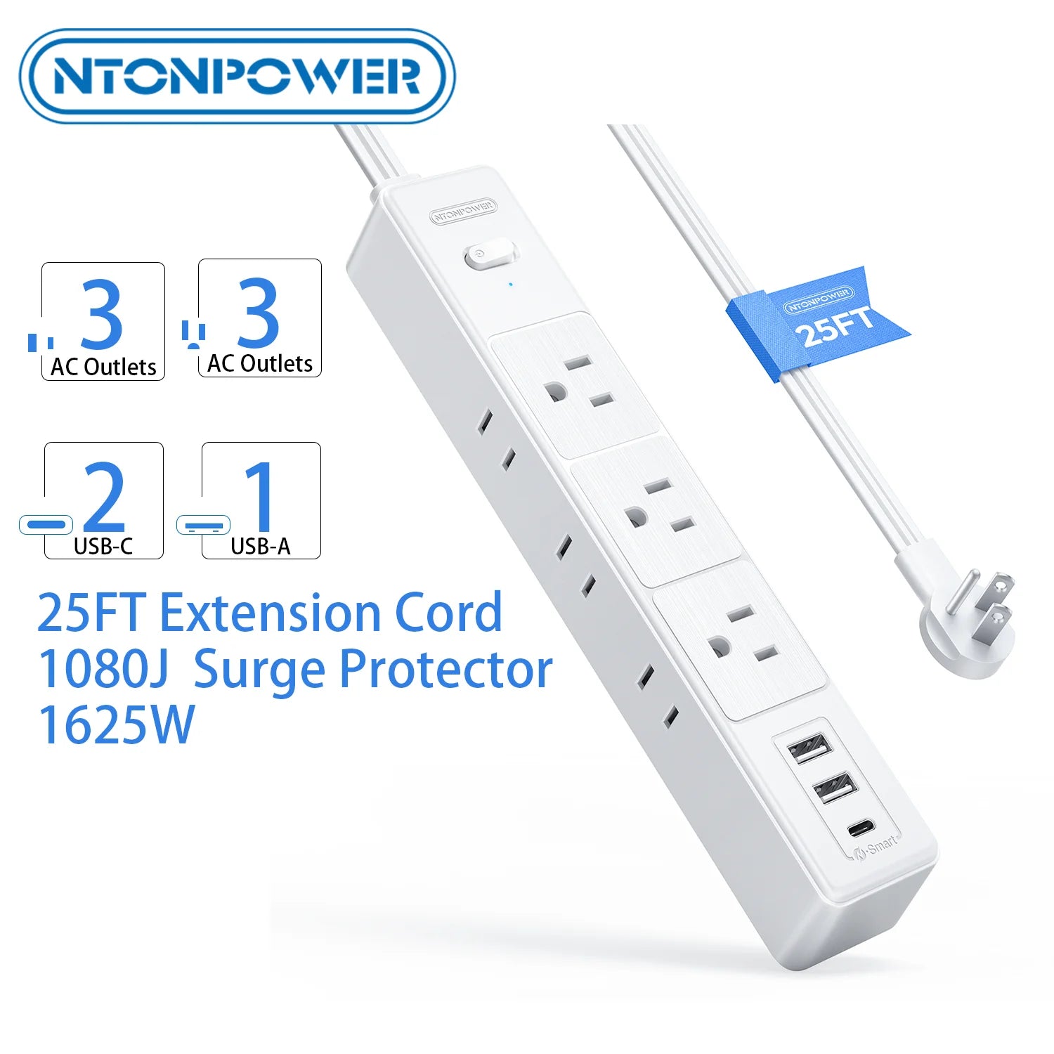 6 AC Outlet Power Strip with 3 USB Ports (1 USB-C) & 25FT Extension Power Cord Surge Protector & Network Filter US Plug