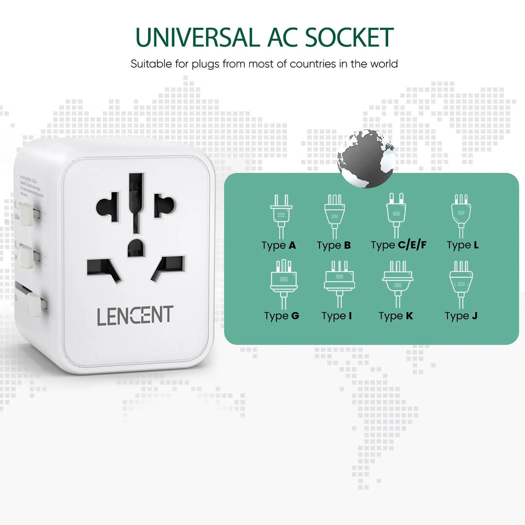 4-LENCENT International Travel Adapter with 2 USB Ports All-in-One Travel Charger Power Adapter EU/UK/USA/AUS Plug for Travel