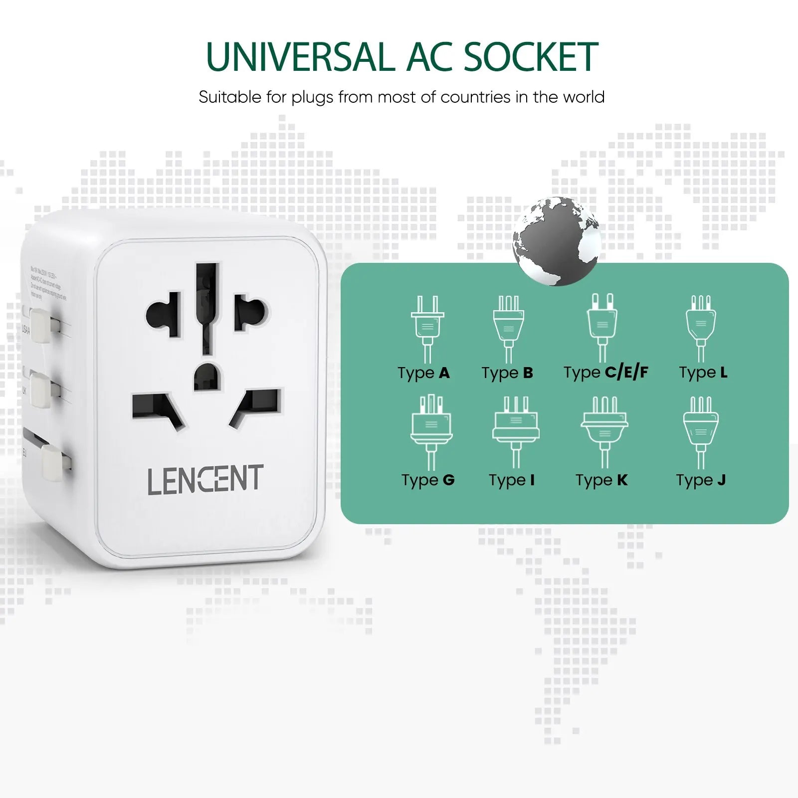 4-LENCENT International Travel Adapter with 2 USB Ports All-in-One Travel Charger Power Adapter EU/UK/USA/AUS Plug for Travel