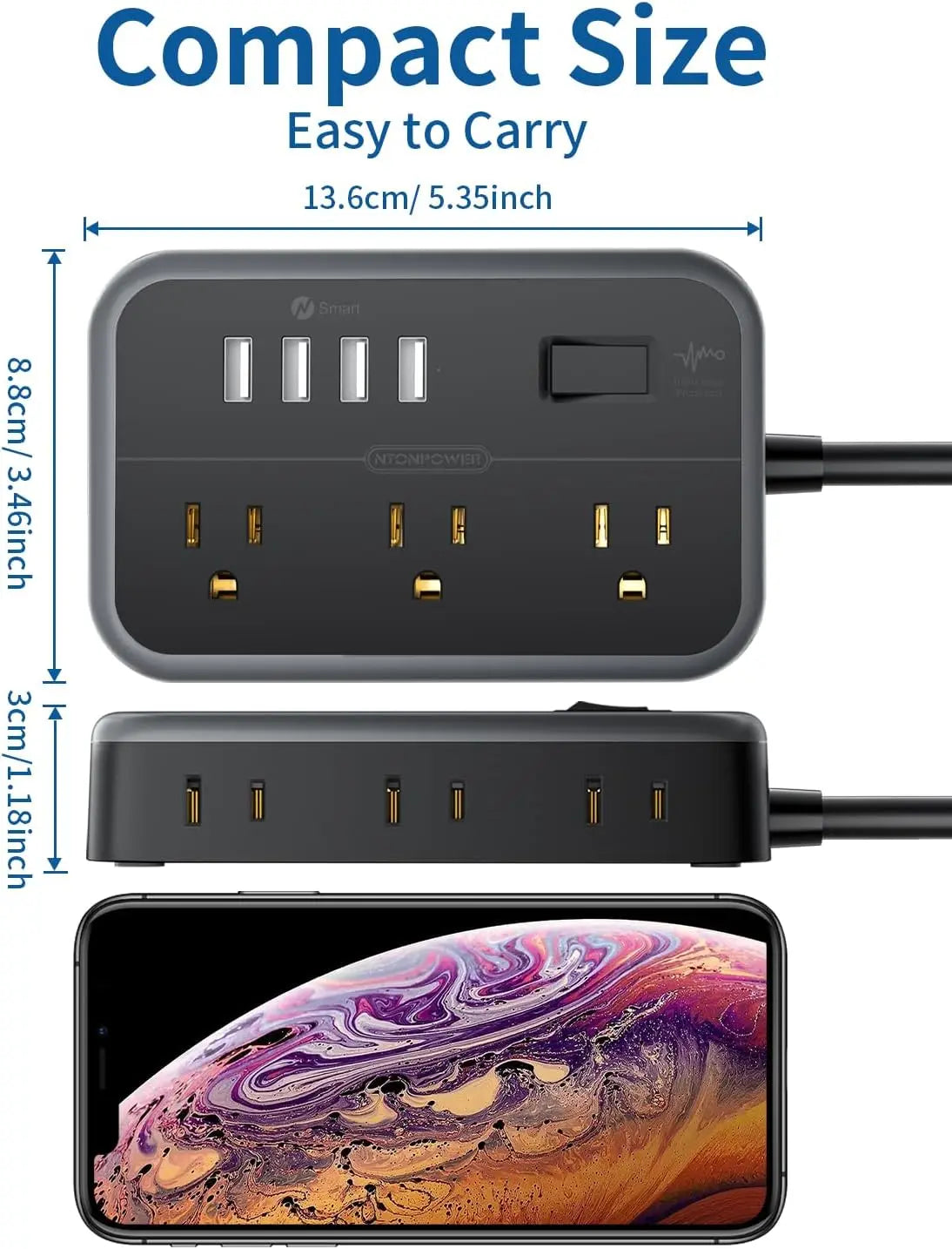 6-Outlet Power Strip with 4 USB Ports 15.5W Fast Charge & 15FT Extension Cord Surge Protector & Network Filter US Plug 100-240V