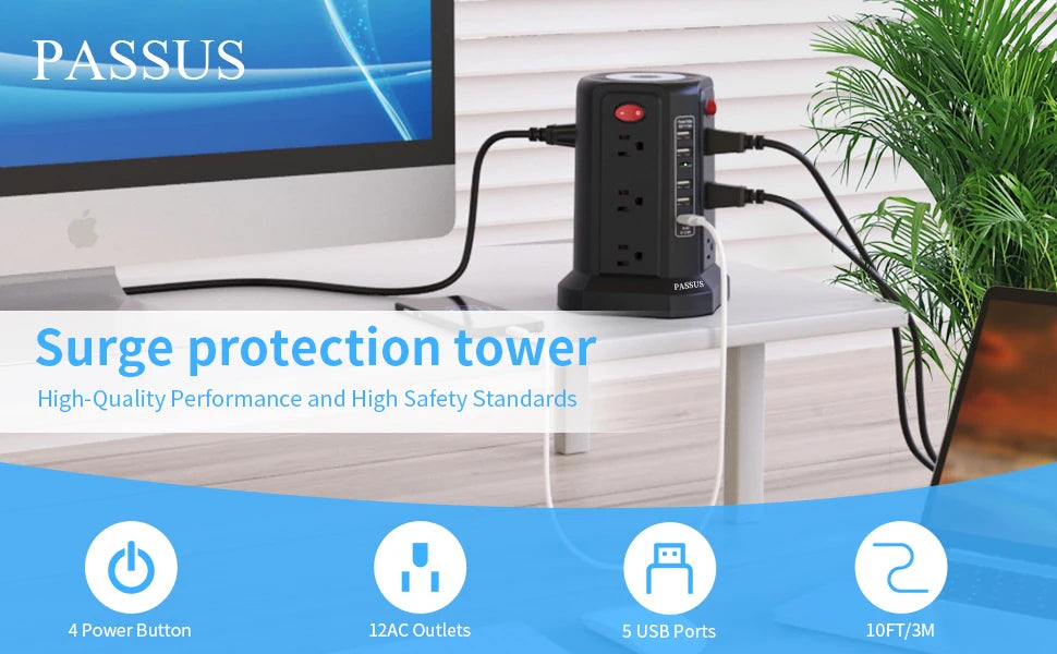 10FT Extension Cord with 12 AC Multiple Outlets, 5 USB Ports and Night Light, PASSUS Surge Protector Power Strip Tower