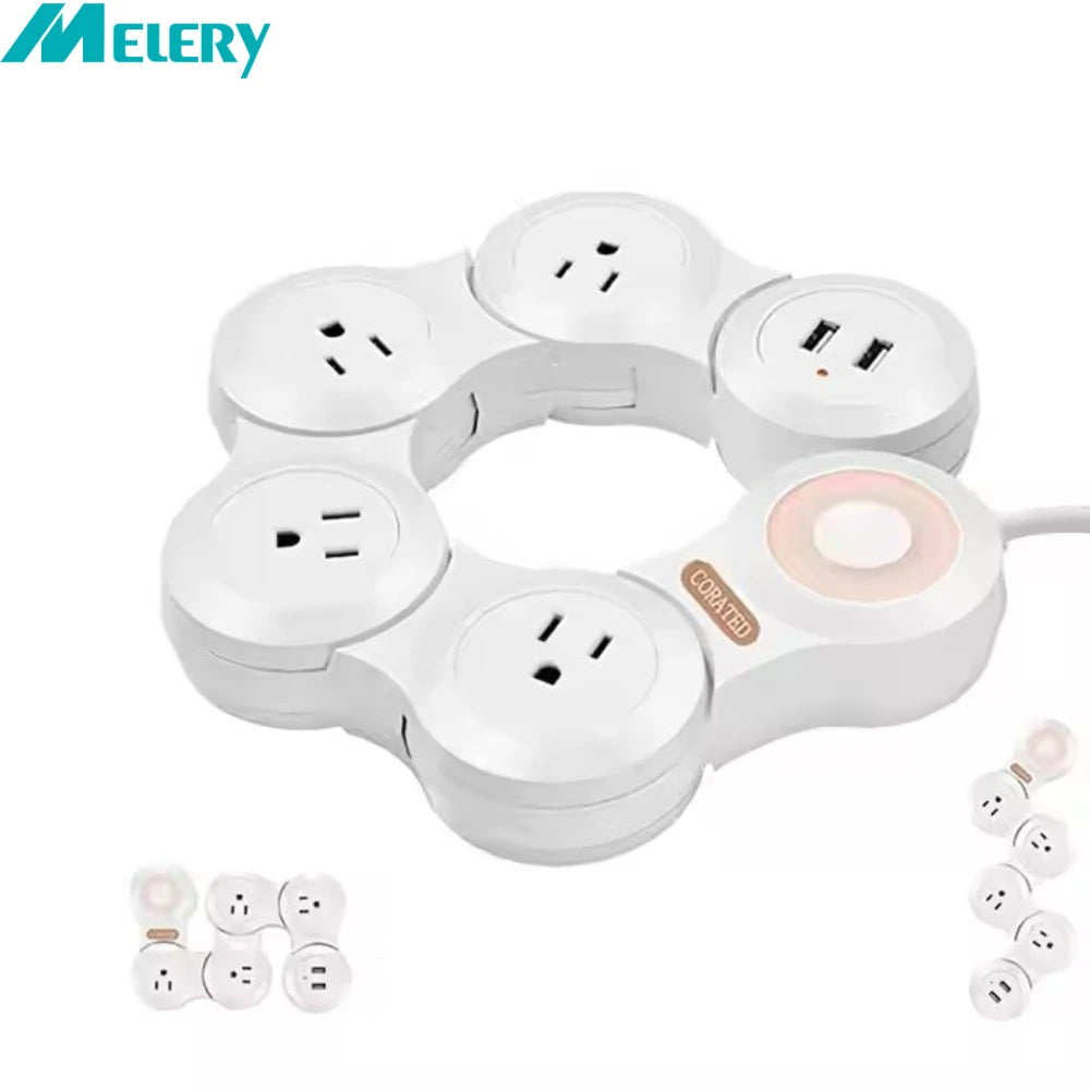 1-Melery Multiple Power Strip US Electrical Plug Socket Outlets Dual USB Flexible Foldable Rotary Switch 1.8m Extension Cord Home