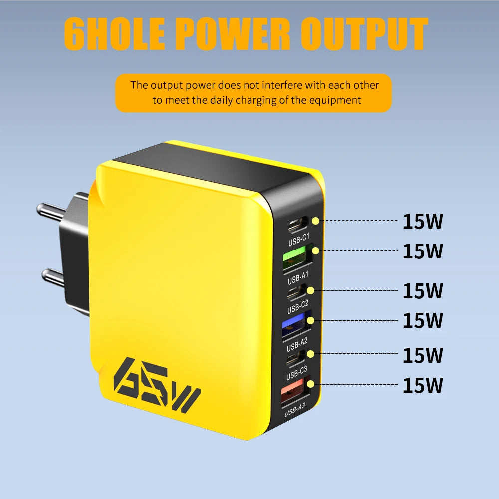 65W USB C Wall Charger Fast Charger 6 Ports Quick Charge 3.0 Adapter for iPhone 13 14 15 Xiaomi Samsung Oppo Mobile US/EU Plug