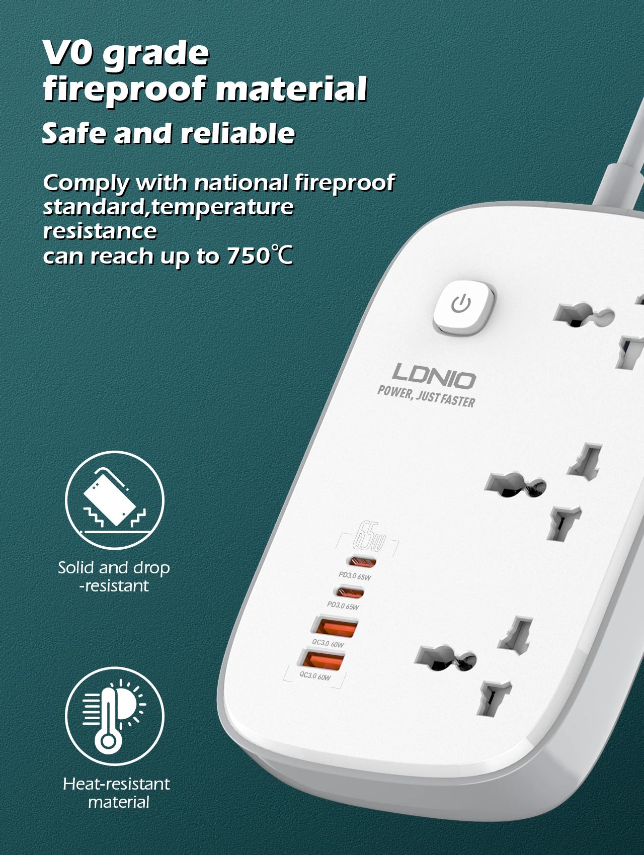 1-LDNIO 65W Power Strip with 3 Universal Outlets 4 USB Port Socket Power Socket with 2M Bold Extension Cord Surge Protector SC3416
