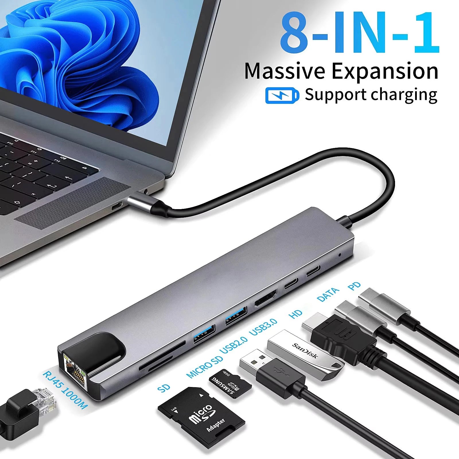4-8 in 1 USB C Hub Type C to 4K HDTV Adapter with RJ45 SD/TF Card Reader Fast Charger for MacBook Notebook Windows Laptop Computer