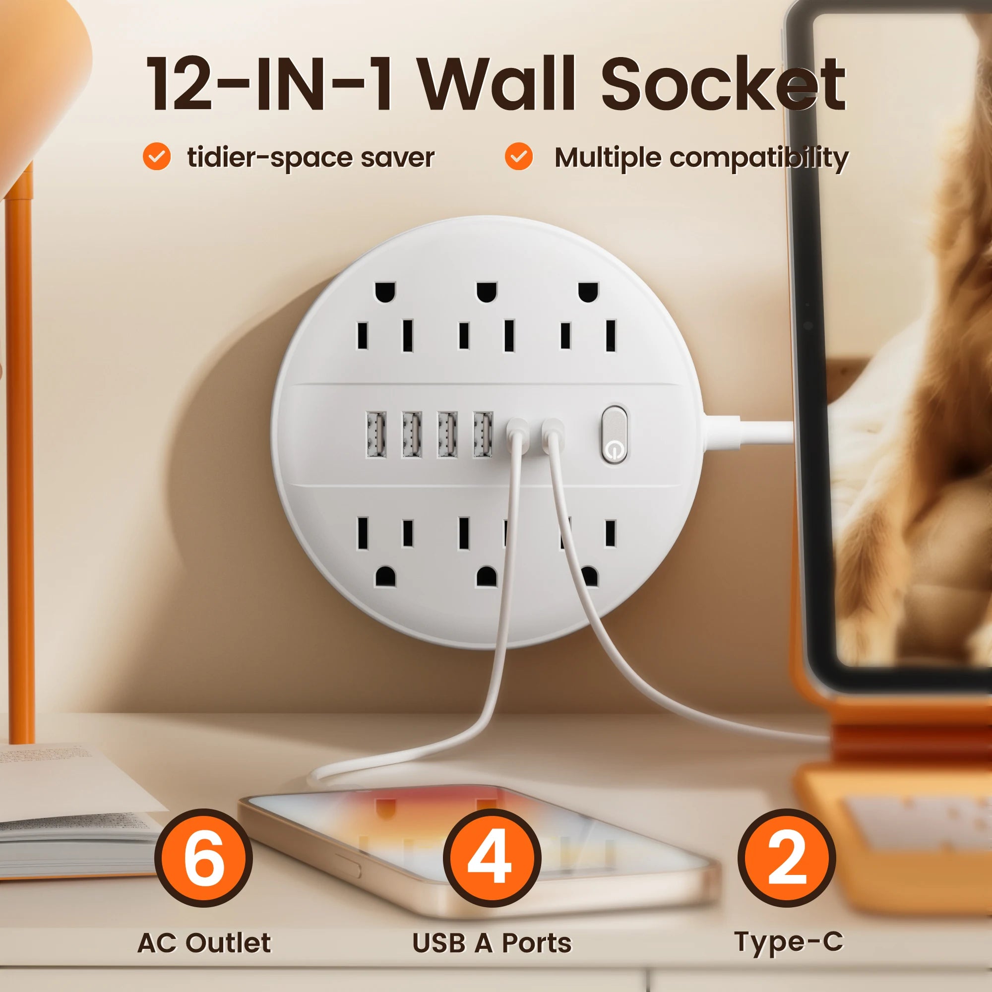 1-US Power Strip with 6 AC Outlets & 6 USB (2× USB‑C) – Surge Protected, 5 ft/10 ft Cord Options