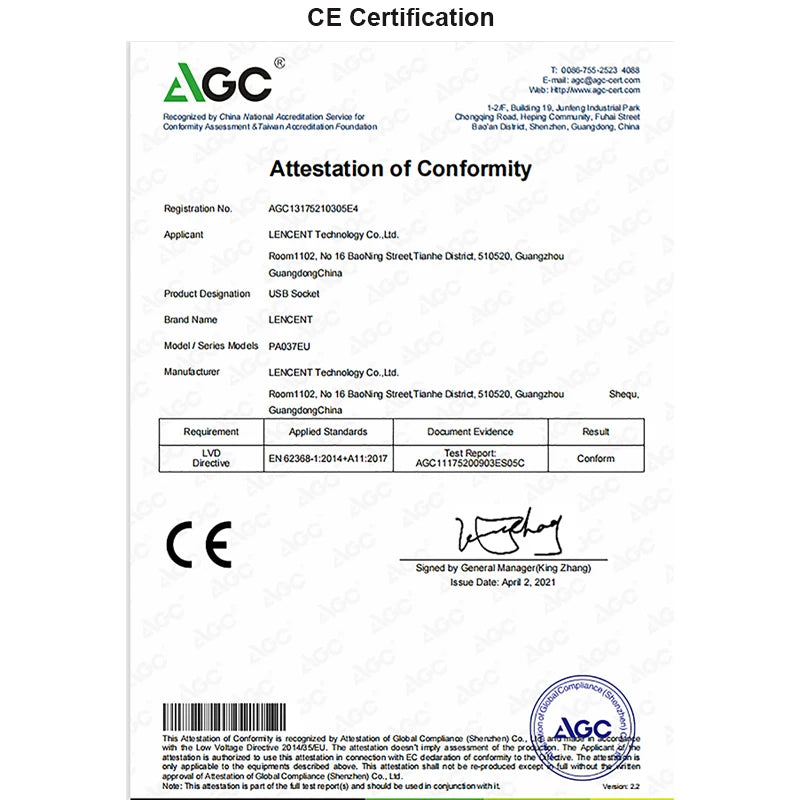 CE Certification document for LENCENT Technology Co., Ltd. with product details and certification logos.
