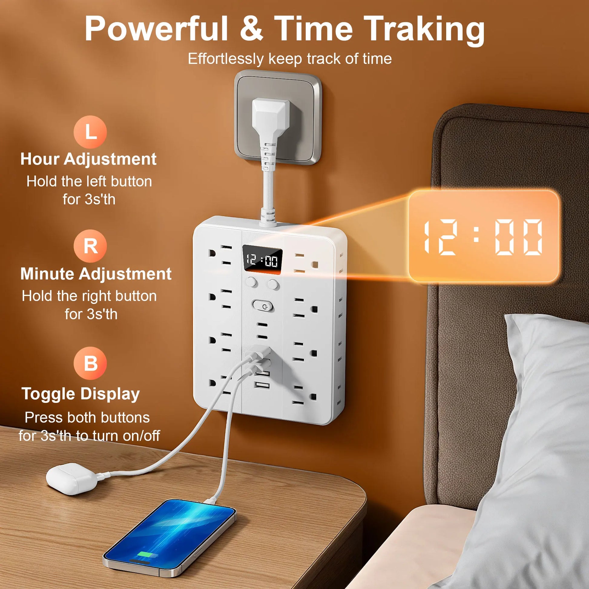 23-in-1 power strip plug line multi-directional placement, multi-hole socket with clock, 16 standard sockets, 6 USB ports,