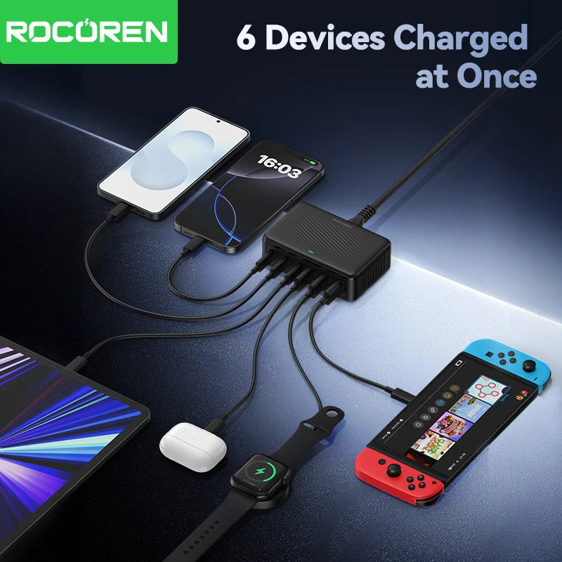 Rocoren USB Charger 100W GaN Charger 6-ports Desktop Fast Charging Type C Charger Portable Power Station For iPhone Xiaomi POCO