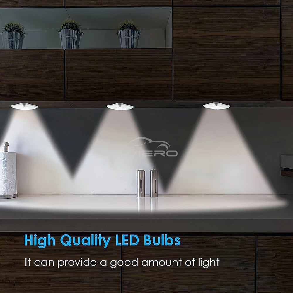 LED light bulbs illuminating a kitchen counter with a brand logo in the background.