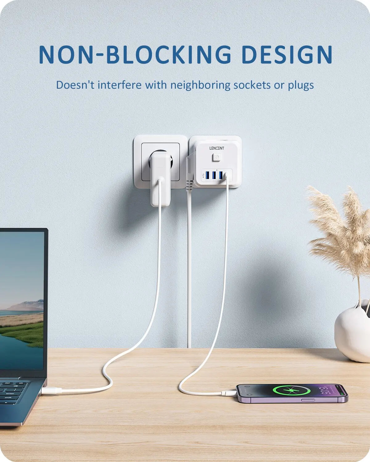 LENCENT 7-in-1 EU wall socket extender with  AC outlets,  USB-A, and  USB-C port,
white
