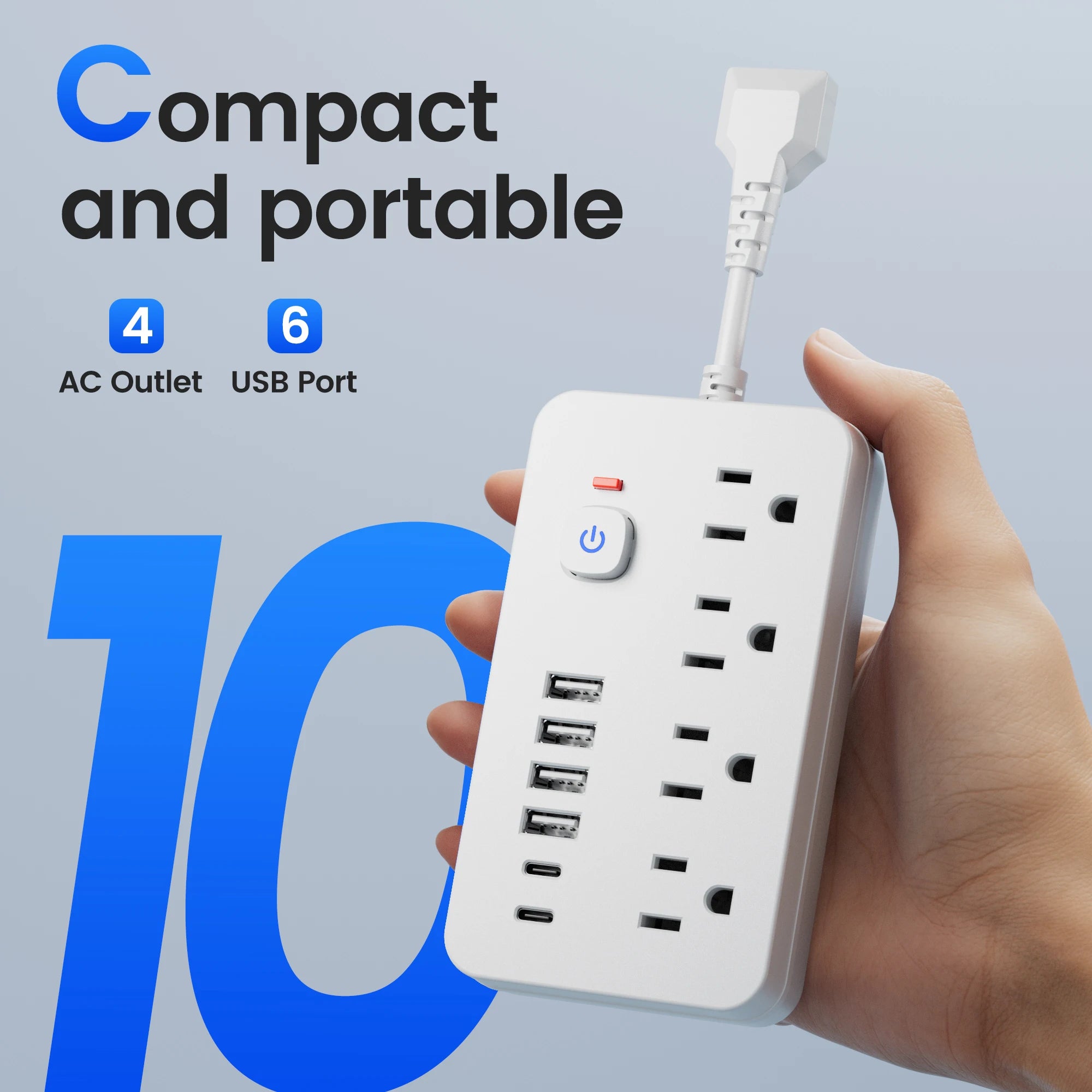 1-QKP Power Strip – 4 AC Outlets + 6 USB Ports (2 Type-C) with Surge Protection & Control Switches – Compact Corded Design