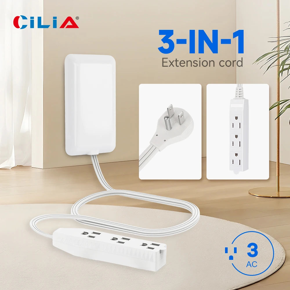 1-Flat-Face Outlet Extender with 3 Receptacles, Ultra-Thin Wall Plate Plug with Cord Extender and 3-Outlet Power Strip