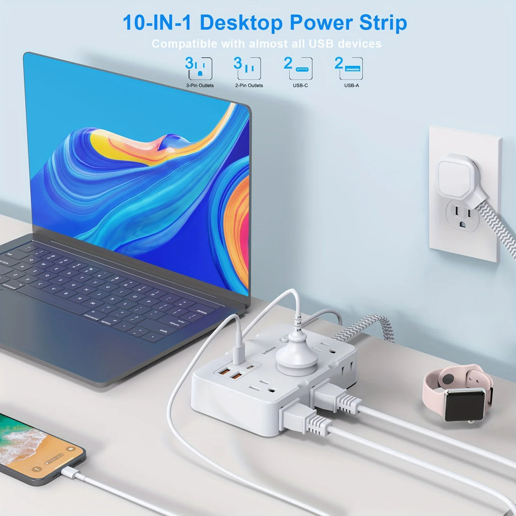 JcBlaon 6-Outlet Power Strip: 4 USB Ports (2Type-C),1.5.M Braided Cord