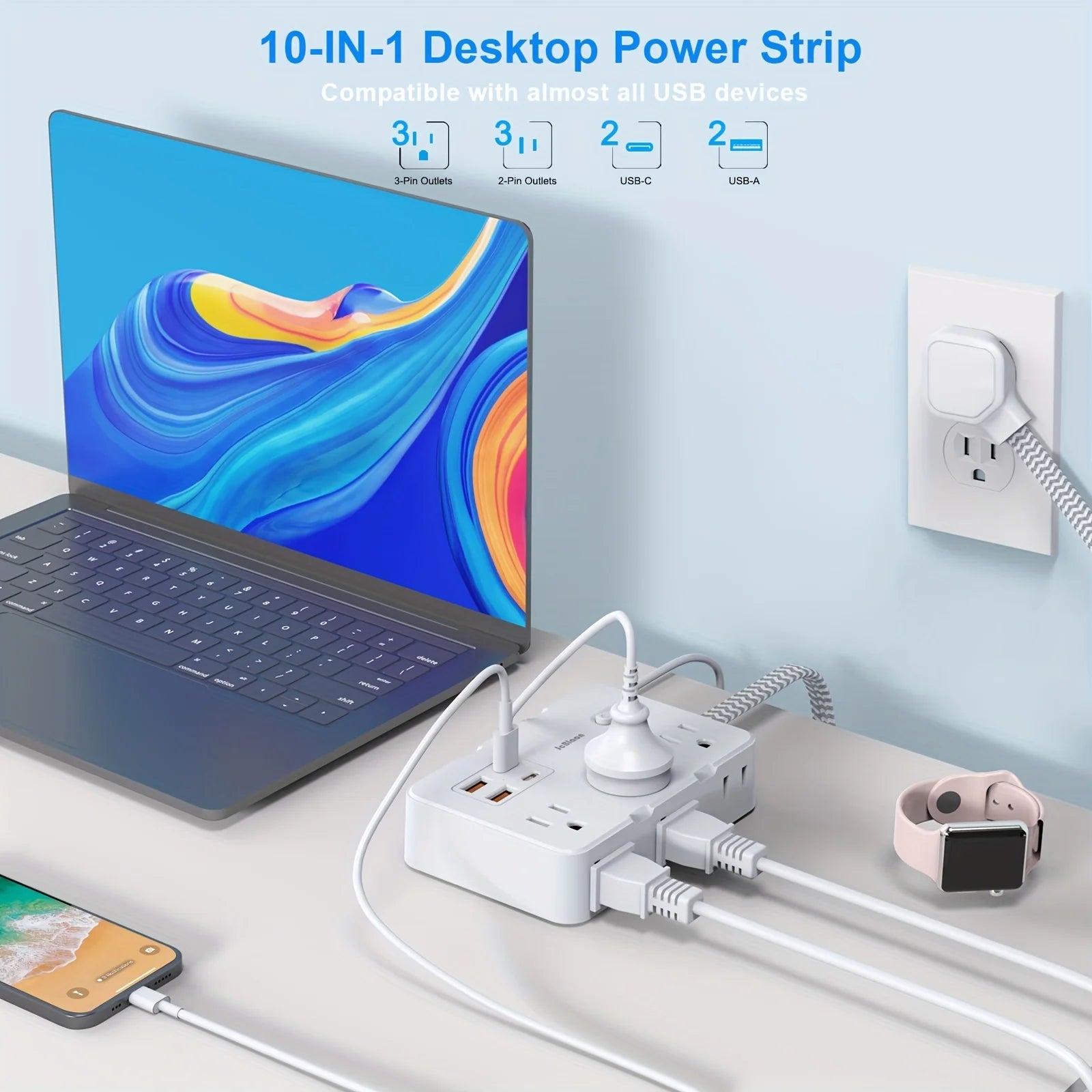 JcBlaon 6-Outlet Power Strip: 4 USB Ports (2Type-C),1.5.M Braided Cord