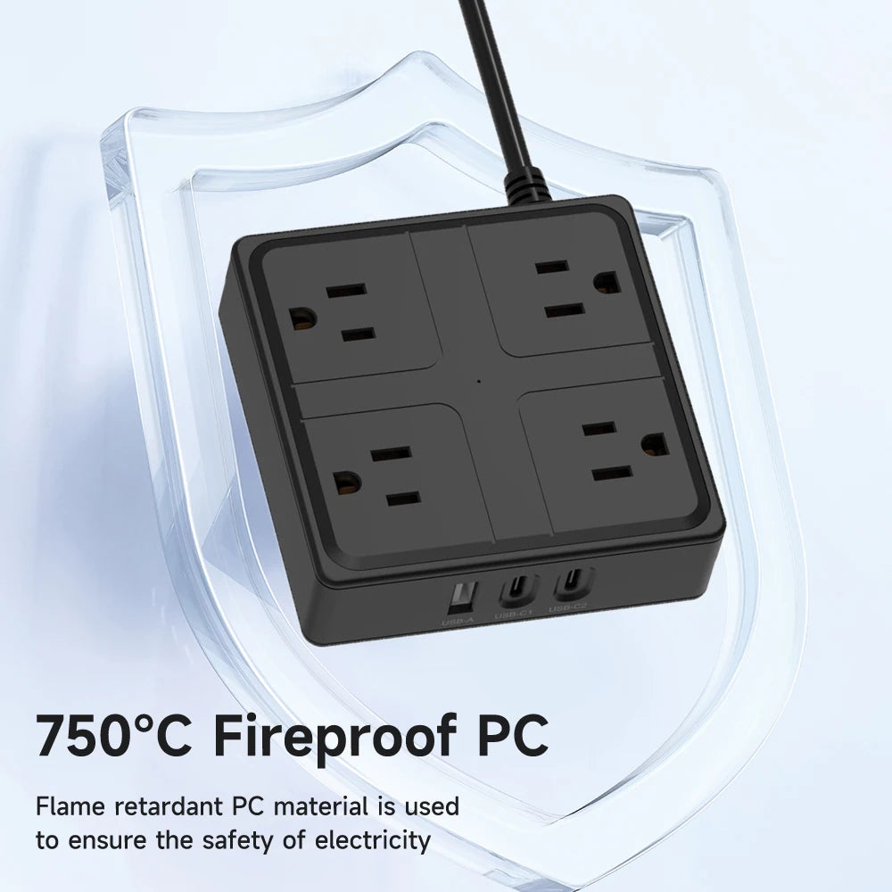 1-Smart US Power Strip with USB-C – 4 AC Outlets, 3 USB Ports, 1.2m Cord, 1250W