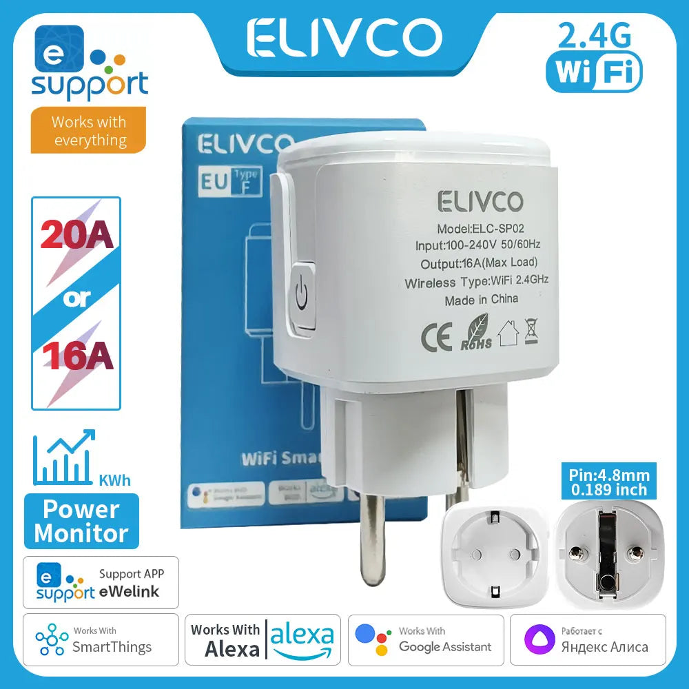 2-Smart Plug WiFi Socket EU 16A/20A With Power Monitor Timing eWelink APP Control Works With Yandex Alice Alexa Google Home