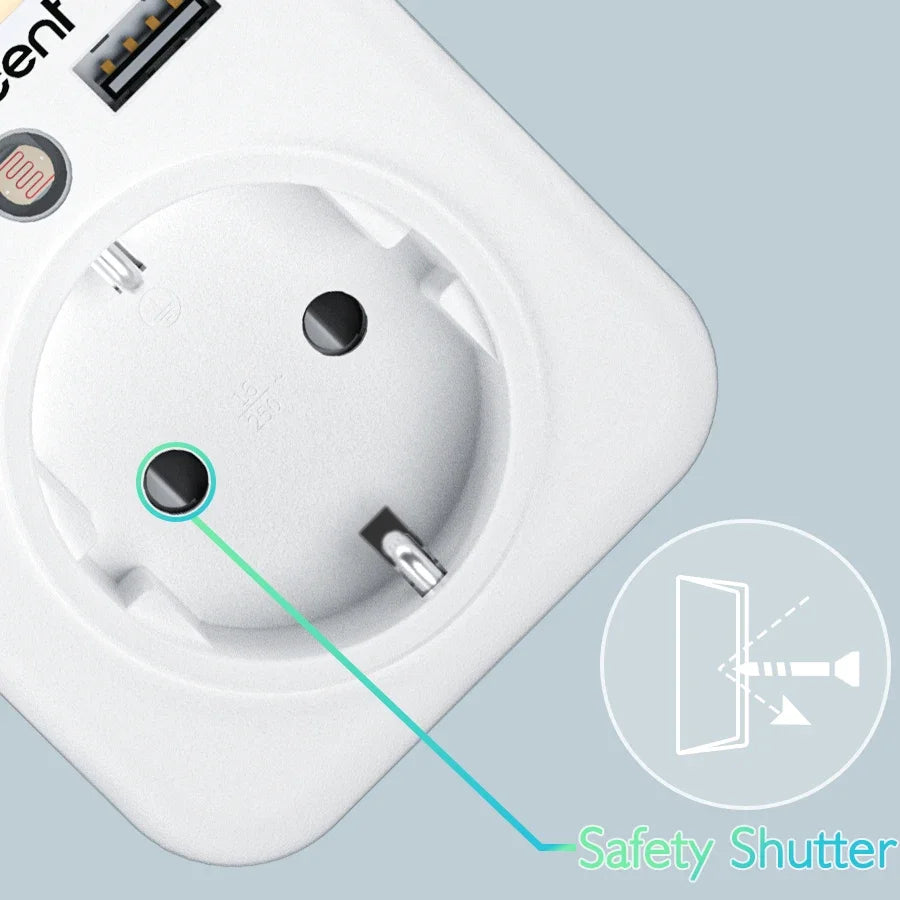 LENCENT EU Plug Wall Socket with 1 AC Outlet 2USB Ports Wall Charger Adapter with Rack Adjustable Nigh Light for Home/Office