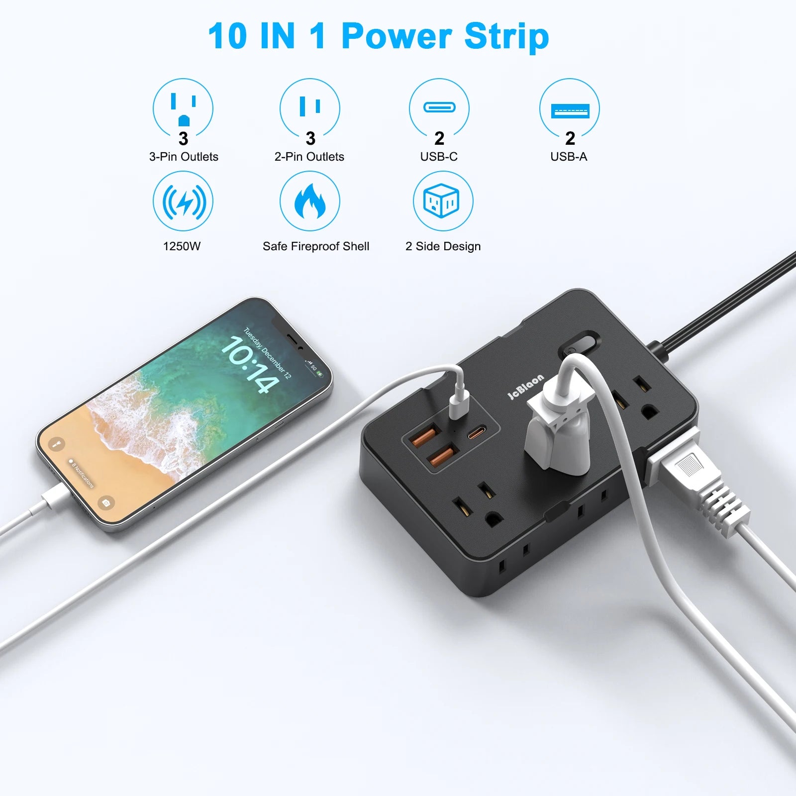 1-Surge Protector with 6 Widely Outlets Extender 4 USB Ports, 5ft Power Strip Ultra Thin Flat Plug, Power Adapter for Home Office