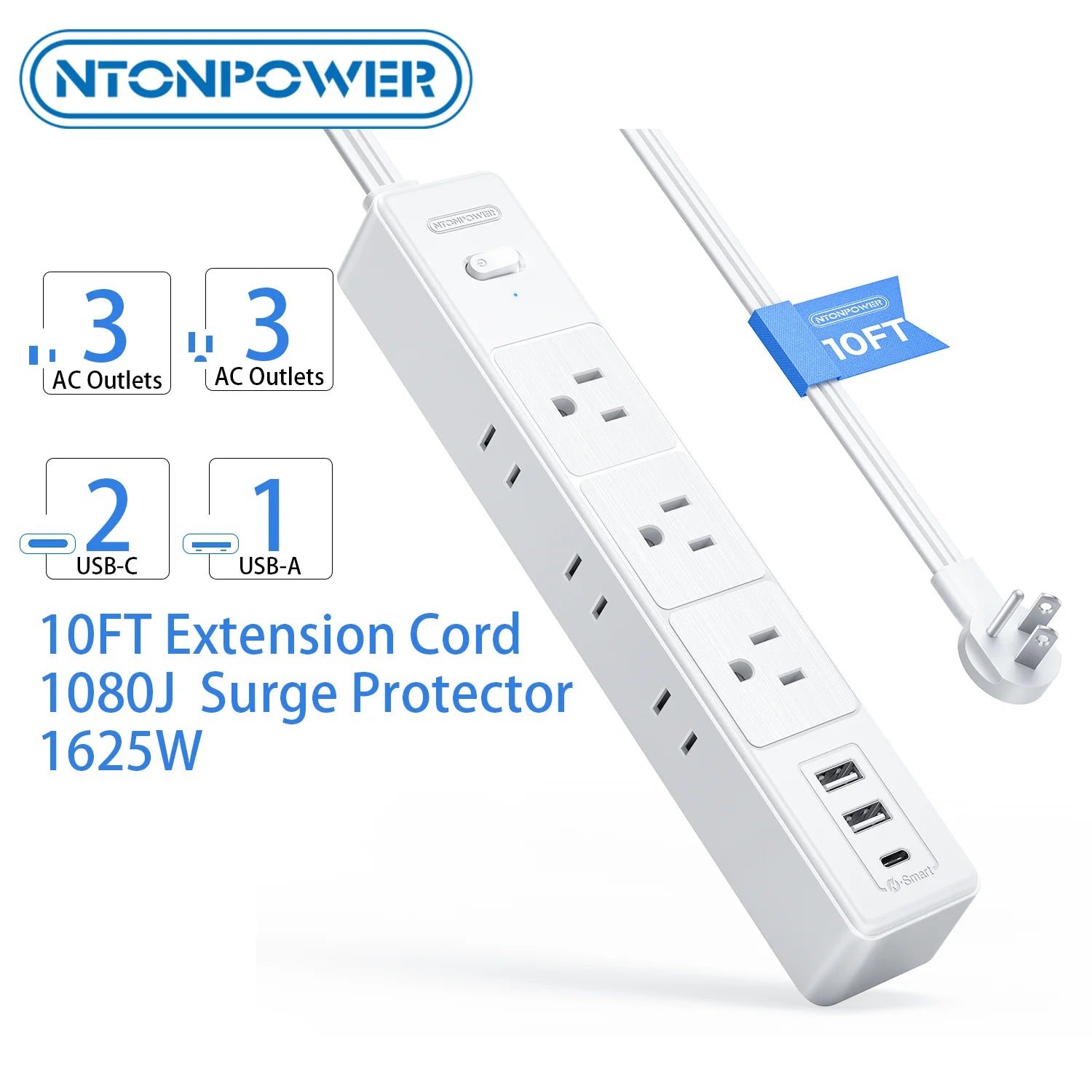 6 AC Outlet Power Strip with 3 USB Ports (1 USB-C) & 25FT Extension Power Cord Surge Protector & Network Filter US Plug