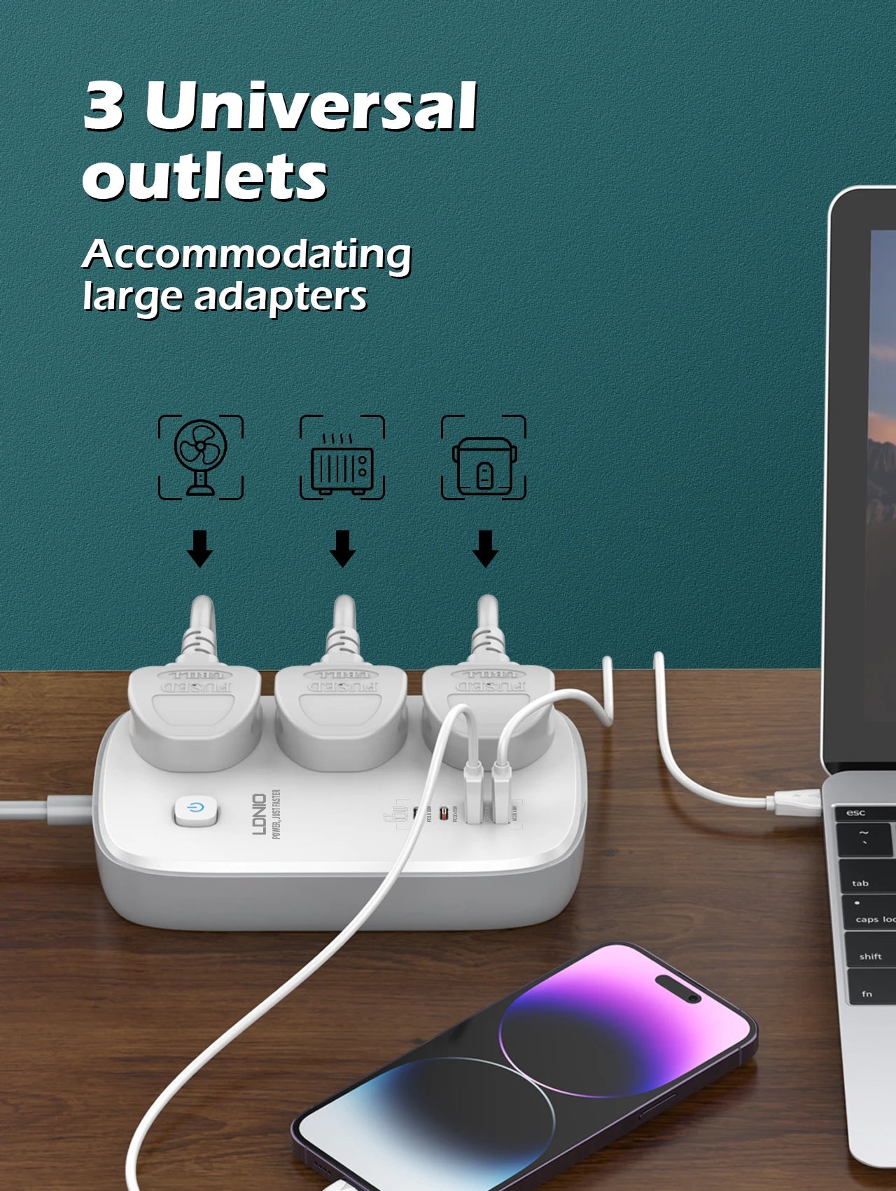 1-LDNIO 65W Power Strip with 3 Universal Outlets 4 USB Port Socket Power Socket with 2M Bold Extension Cord Surge Protector SC3416