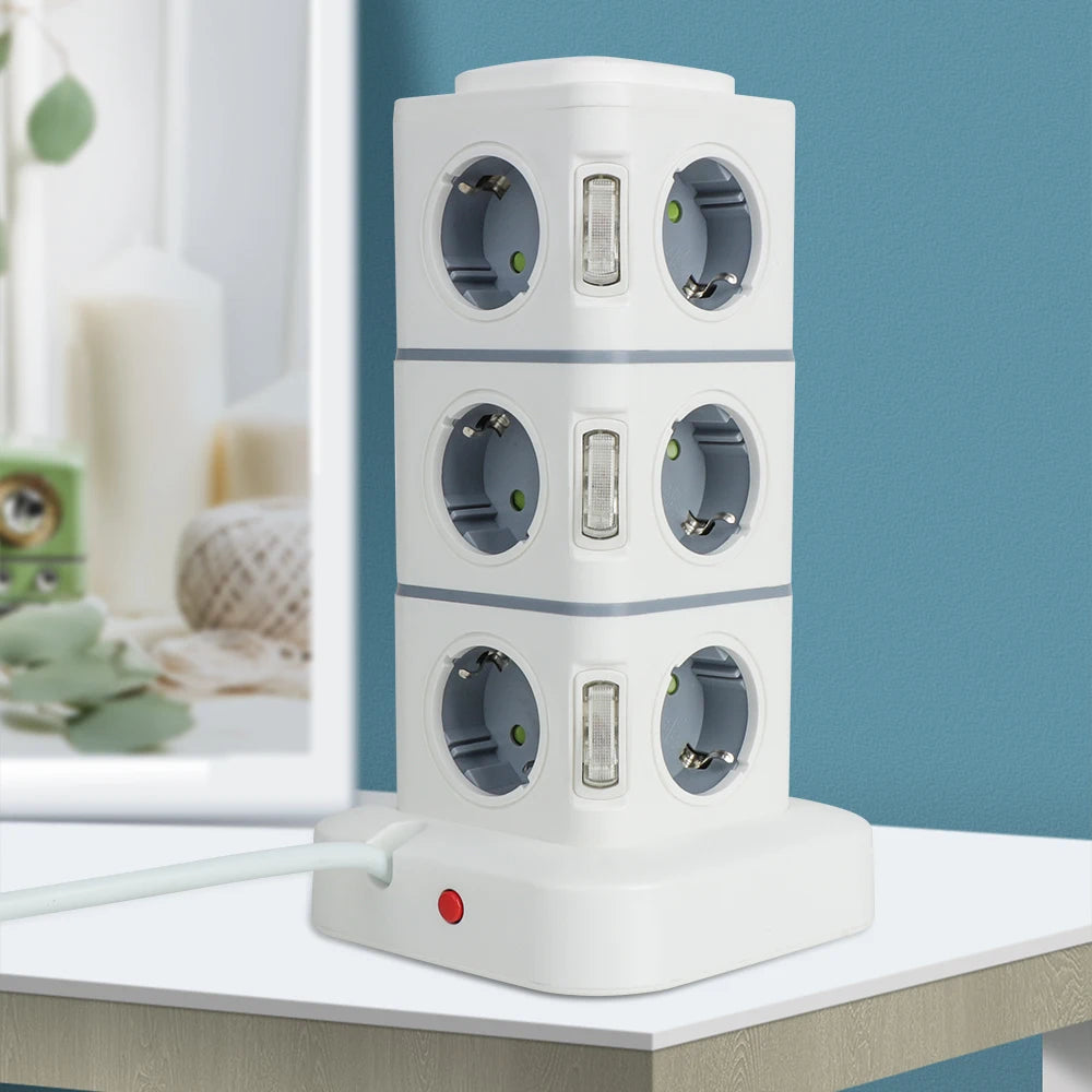 1-Tower 12 Way Outlets Socket Multi Power Strip Vertical 2.8m Extension Cord EU Plug with 4 USB Overload Protector Switch 220V 10A