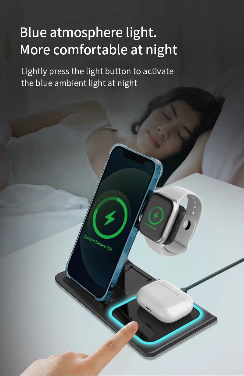 3 in 1 Wireless Charging Station Travel Charging Pad for iPhone 12~15 iWatch and Airpods  15W  Fast Charger Foldable