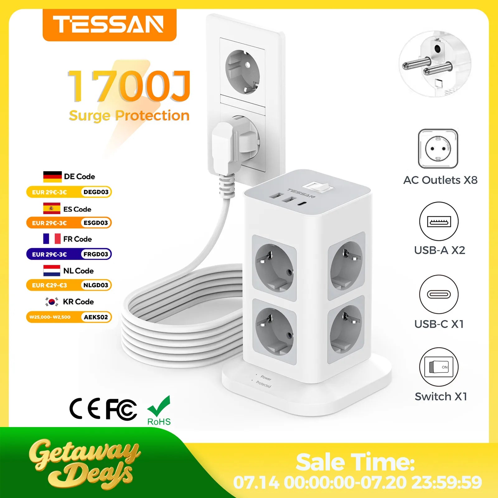 1-TESSAN Tower Power Strip Multi Outlets with USB A +1 Type C 2M Extension Cable EU Plug Vertical Electric Socket Surge Protection