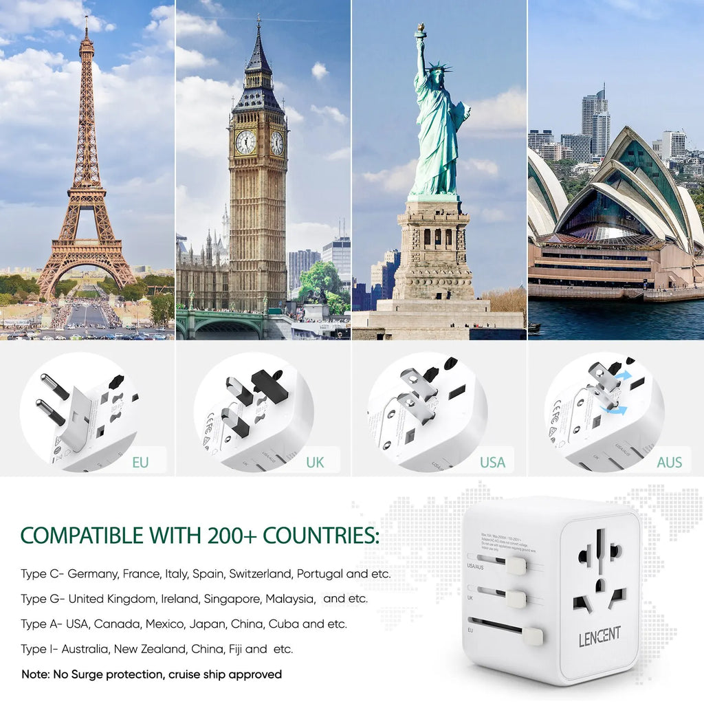 4-LENCENT International Travel Adapter with 2 USB Ports All-in-One Travel Charger Power Adapter EU/UK/USA/AUS Plug for Travel
